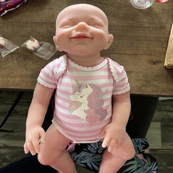 🆕18 inch Full Body Platinum Silicone Bald Baby Doll Closed Eyes Smiling Girl - Picture 6 of 14